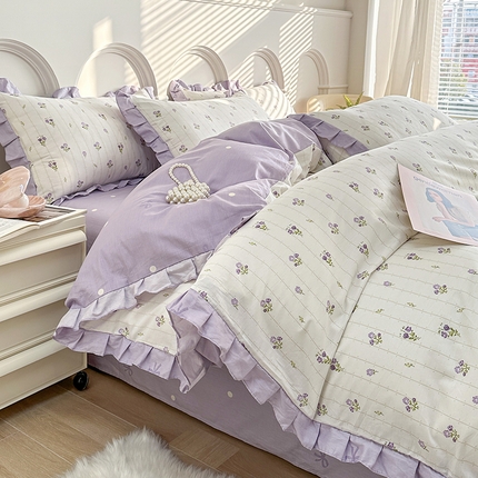 91家纺网 家纺一手货源 找家纺 宇彬家纺 2024直播新款13372全棉纯棉韩版刺绣花边和印花花边床单床笠款四件套和单被套喷气清新 印花花边-玫恋花开-紫