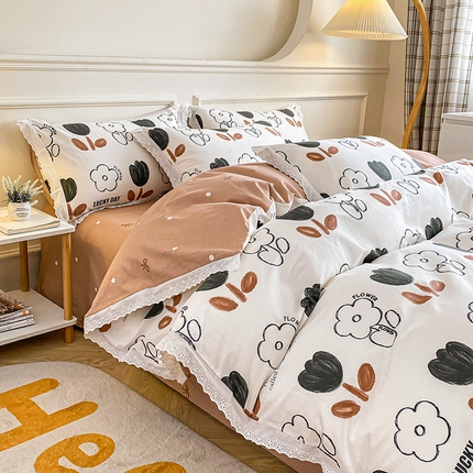 91家纺网 家纺一手货源 找家纺 宇彬家纺 2024直播新款13372全棉纯棉韩版刺绣花边和印花花边床单床笠款四件套和单被套喷气清新 刺绣花边-奈雪