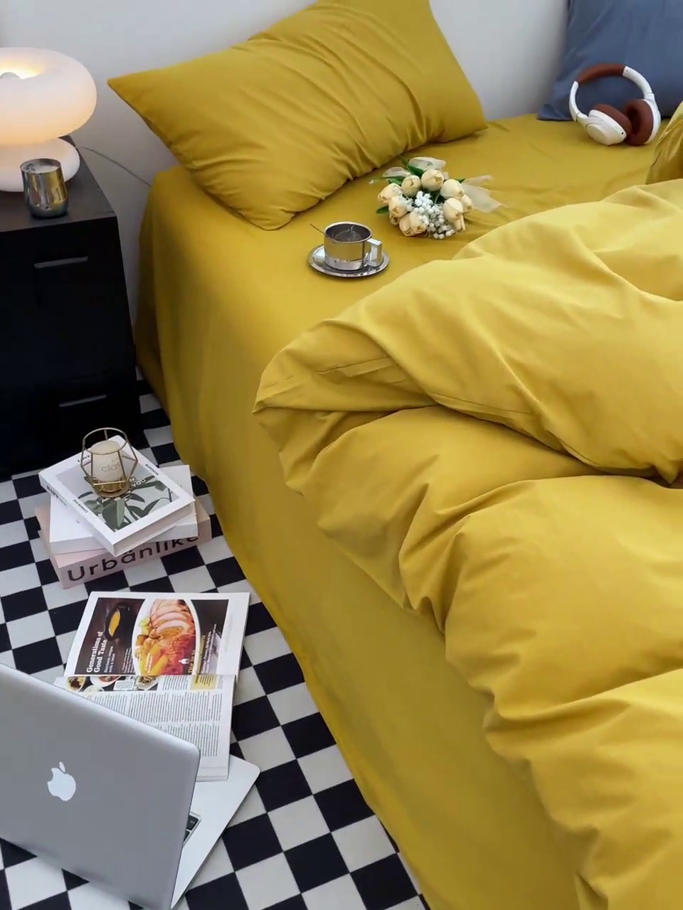 91家纺网 家纺一手货源 找家纺 2024新款A类全棉纯棉纯色双拼色织水洗棉四件套 姜黄色