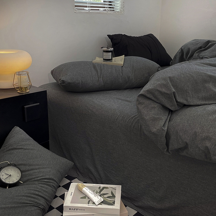 91家纺网 家纺一手货源 找家纺 2024新款A类全棉纯棉纯色双拼色织水洗棉四件套 深灰色