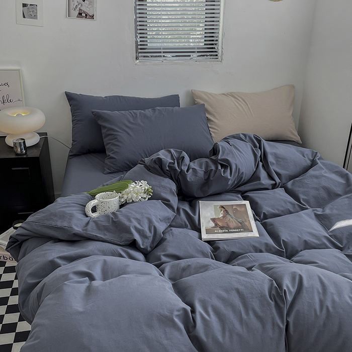 91家纺网 家纺一手货源 找家纺 2024新款A类全棉纯棉纯色双拼色织水洗棉四件套 静蓝