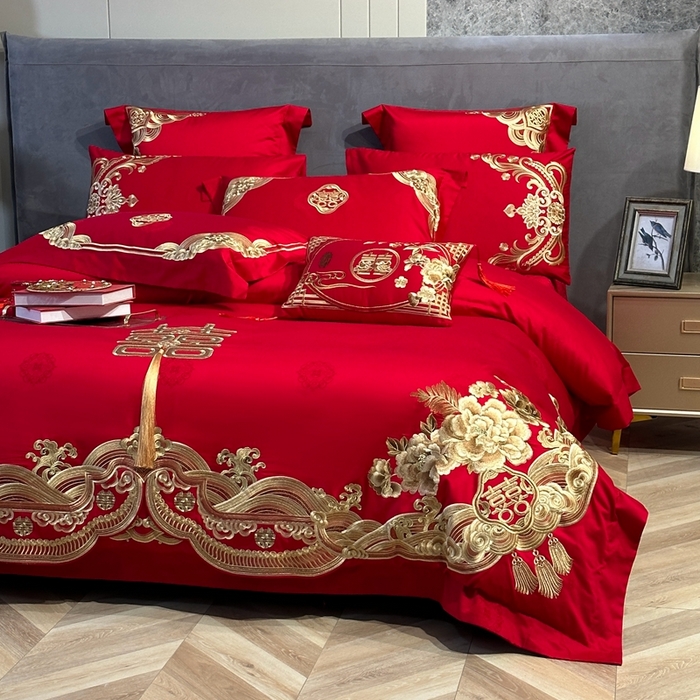 91家纺网 家纺一手货源 找家纺 美娘阁 2025新款长绒棉贡缎提花款新中式古典韵味精美刺绣婚庆四件套多件套 花开并蒂(金）