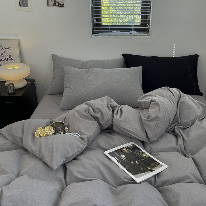 91家纺网 家纺一手货源 找家纺 2024新款A类全棉纯棉纯色双拼色织水洗棉四件套 浅灰色