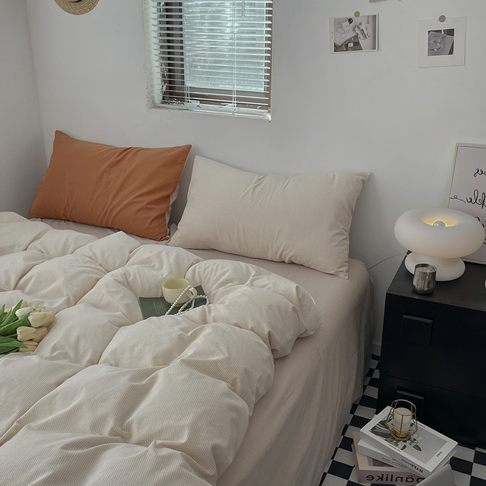 91家纺网 家纺一手货源 找家纺 2024新款A类全棉纯棉纯色双拼色织水洗棉四件套 米密条