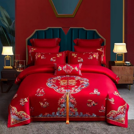 91家纺网 家纺一手货源 找家纺 （总）美娘阁 2025新款长绒棉贡缎新中式古典韵味精美刺绣婚庆四件套多件套系列