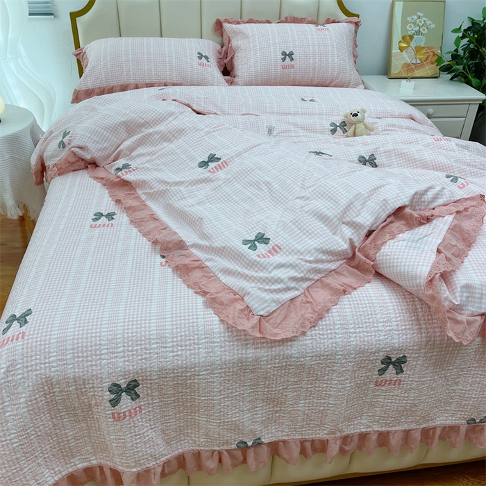 91家纺网 家纺一手货源 找家纺 暖居 2024新款砂洗棉花被套全棉床盖四件套绗缝夹棉纯棉床盖三件套蝴蝶结