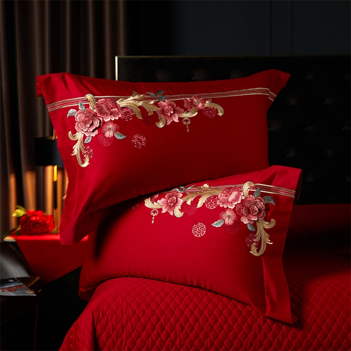 91家纺网 家纺一手货源 找家纺 美娘阁 2025新款长绒棉贡缎新中式古典韵味精美刺绣婚庆四件套多件套系列 花样时光