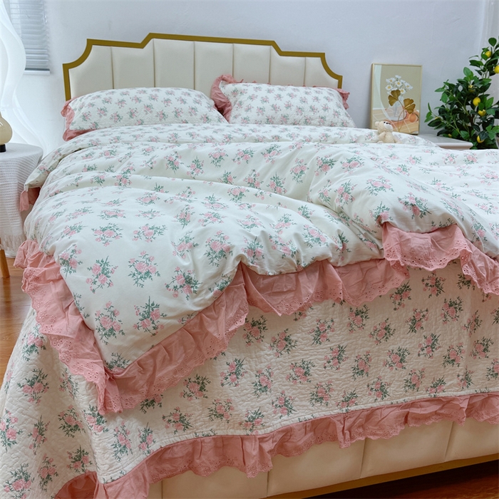 91家纺网 家纺一手货源 找家纺 暖居 2024新款砂洗棉花被套全棉床盖四件套绗缝夹棉纯棉床盖三件套茉莉