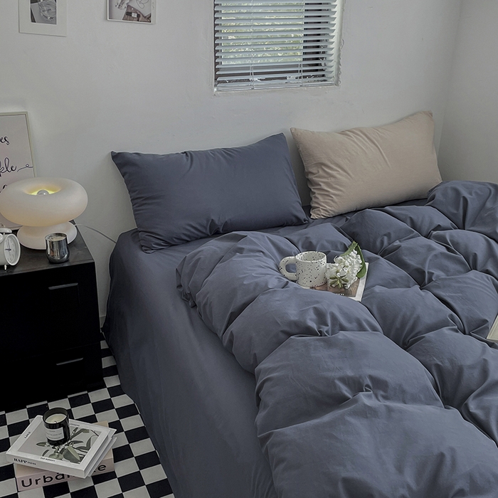 91家纺网 家纺一手货源 找家纺 2024新款A类全棉纯棉纯色双拼色织水洗棉四件套 静蓝