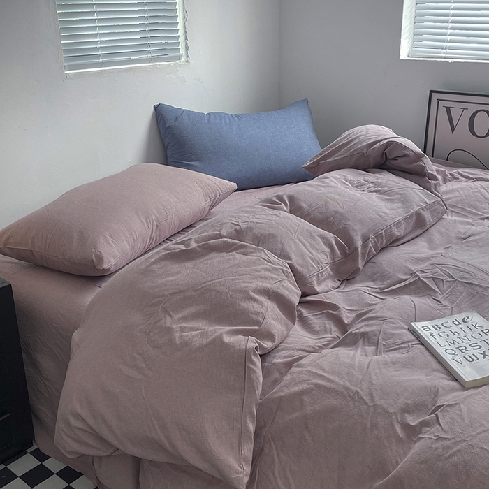 91家纺网 家纺一手货源 找家纺 2024新款A类全棉纯棉纯色双拼色织水洗棉四件套 豆沙色