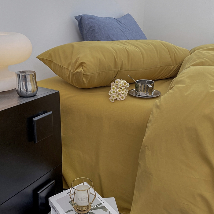 91家纺网 家纺一手货源 找家纺 2024新款A类全棉纯棉纯色双拼色织水洗棉四件套 姜黄色