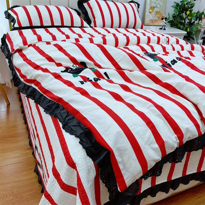 91家纺网 家纺一手货源 找家纺 暖居 2024新款砂洗棉花被套全棉床盖四件套绗缝夹棉纯棉床盖三件套条纹猫