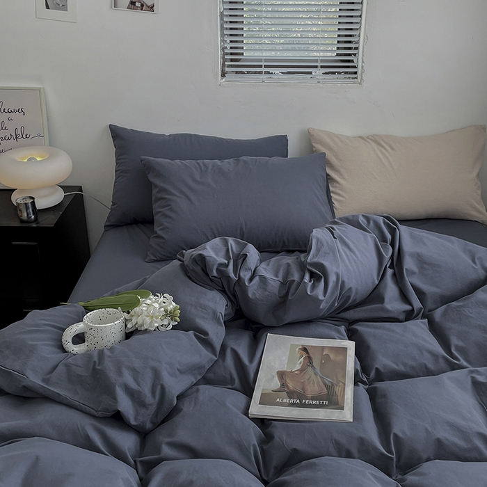 91家纺网 家纺一手货源 找家纺 2024新款A类全棉纯棉纯色双拼色织水洗棉四件套 静蓝