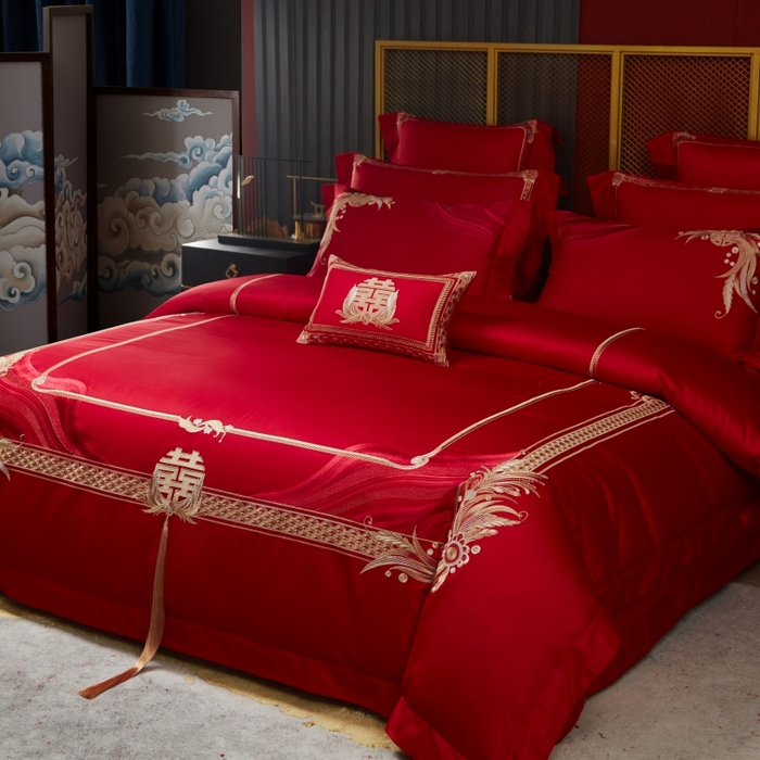 91家纺网 家纺一手货源 找家纺 美娘阁 2025新款长绒棉贡缎新中式古典韵味精美刺绣婚庆四件套多件套系列 缘定三生（金）