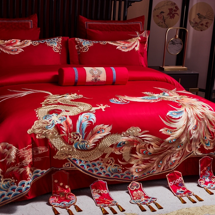 91家纺网 家纺一手货源 找家纺 美娘阁 2025新款长绒棉贡缎新中式古典韵味精美刺绣婚庆四件套多件套系列 龙章凤姿（荷包款）