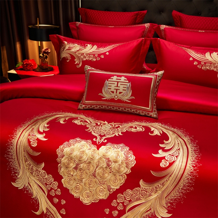 91家纺网 家纺一手货源 找家纺 美娘阁 2025新款长绒棉贡缎新中式古典韵味精美刺绣婚庆四件套多件套系列 玫瑰恋人（金）