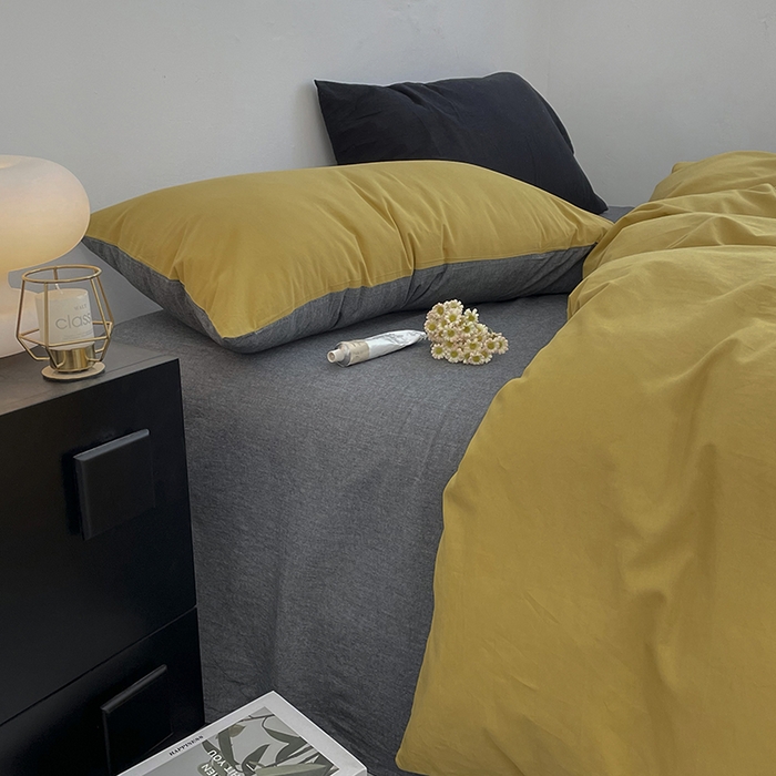 91家纺网 家纺一手货源 找家纺 2024新款A类全棉纯棉纯色双拼色织水洗棉四件套 姜黄拼深灰