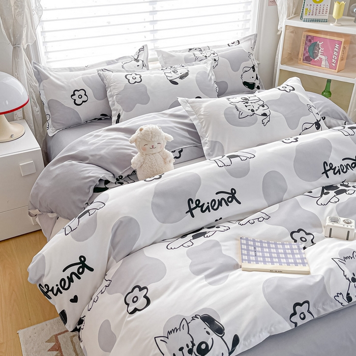 91家纺网 家纺一手货源 找家纺 楠沐家纺 2025年新款亲肤水洗棉芦荟棉磨毛单被套（第二批） 牛奶大耳狗