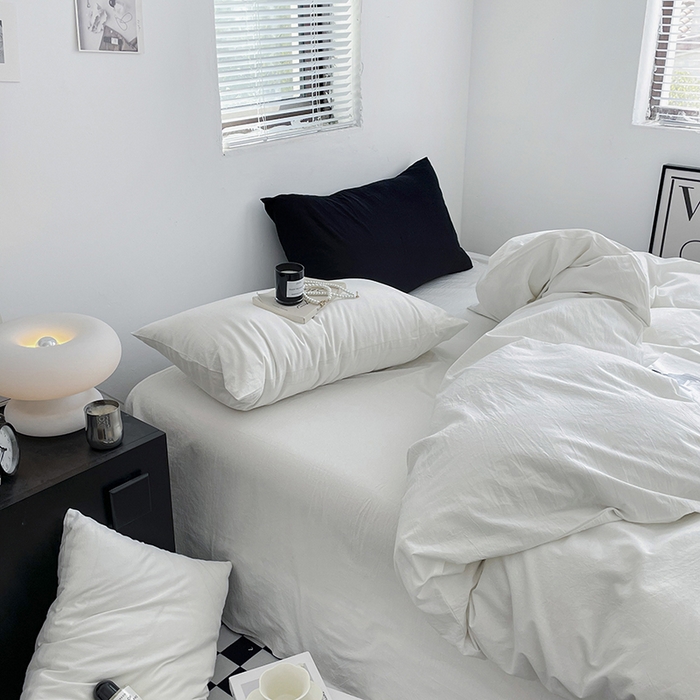 91家纺网 家纺一手货源 找家纺 2024新款A类全棉纯棉纯色双拼色织水洗棉四件套 雅白