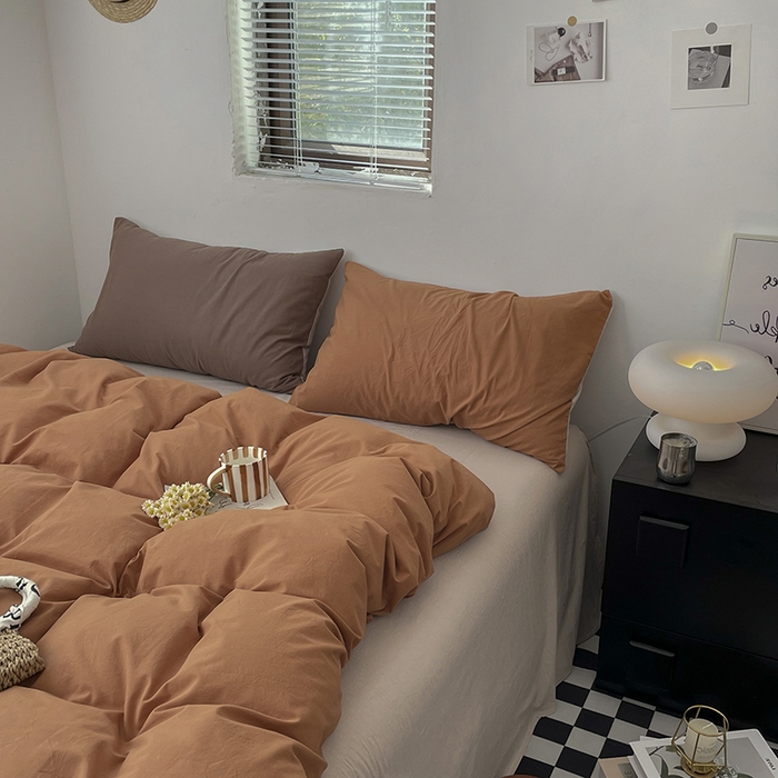 91家纺网 家纺一手货源 找家纺 2024新款A类全棉纯棉纯色双拼色织水洗棉四件套 南瓜拼卡其