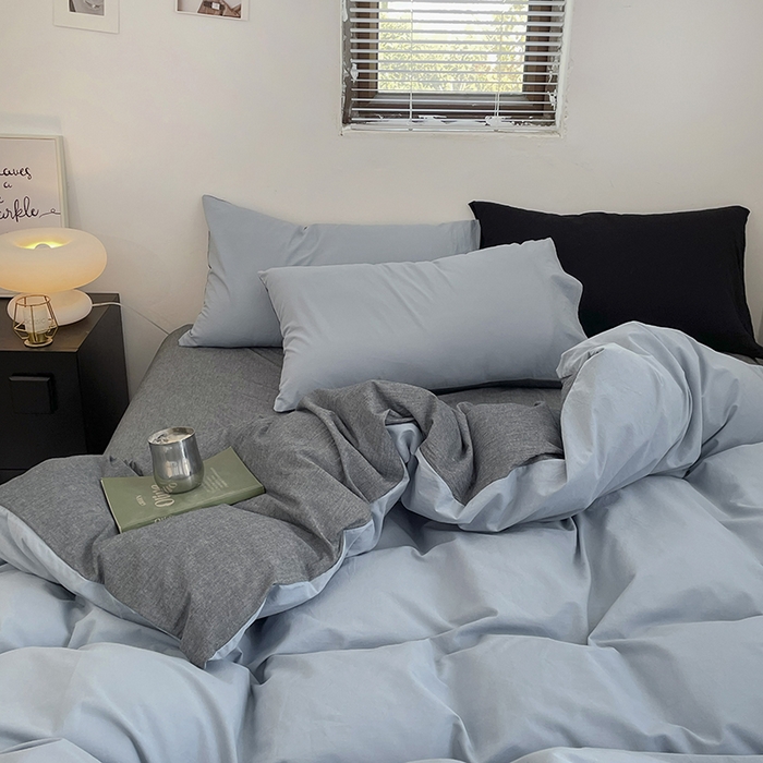 91家纺网 家纺一手货源 找家纺 2024新款A类全棉纯棉纯色双拼色织水洗棉四件套 雾蓝拼深灰
