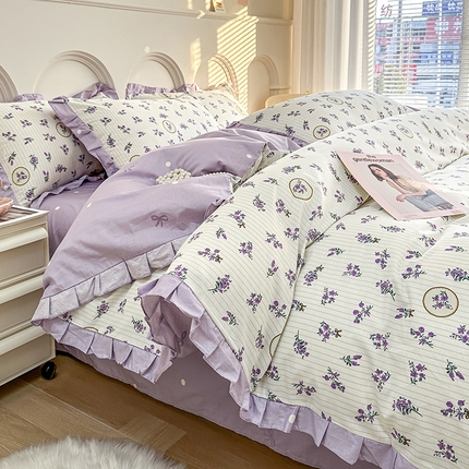宇彬家纺 2024直播新款13372全棉纯棉韩版刺绣花边和印花花边床单床笠款四件套和单被套喷气清新 印花花边-小家碧玉