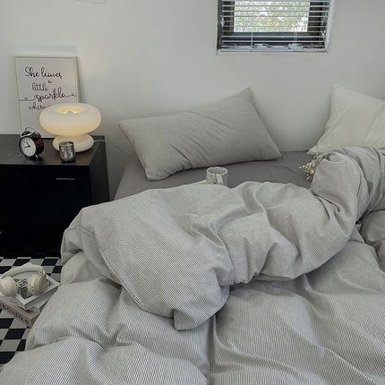 2024新款A类全棉纯棉纯色双拼色织水洗棉四件套 浅灰密条