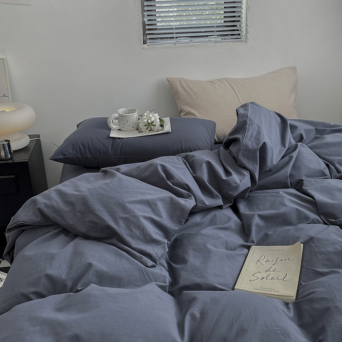 91家纺网 家纺一手货源 找家纺 2024新款A类全棉纯棉纯色双拼色织水洗棉四件套 静蓝