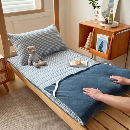 萌飞 2024新款可拆洗棉花床垫双面可用 浅蓝小格