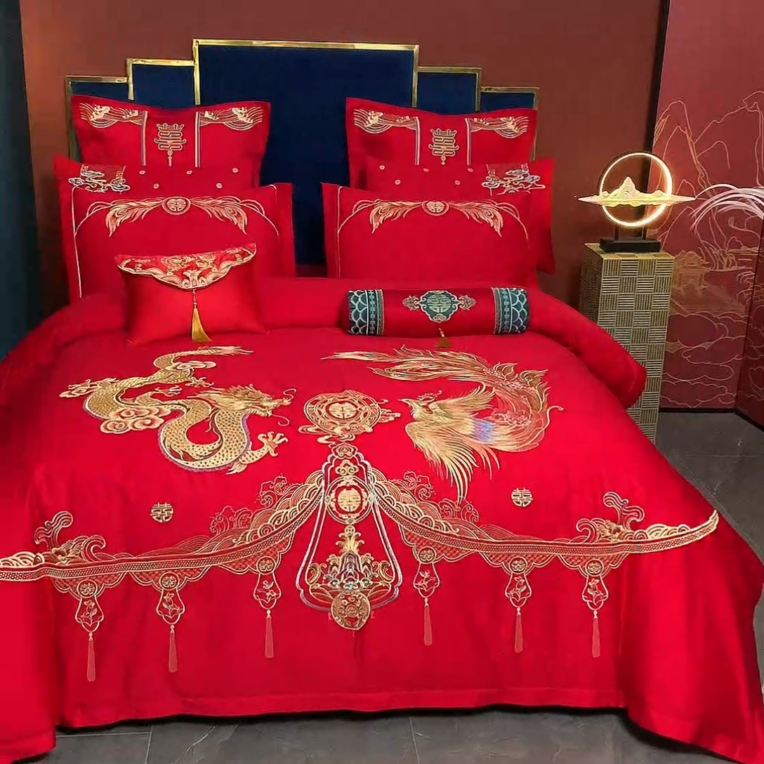 91家纺网 家纺一手货源 找家纺 振翼 2025新款40s全棉丝光喷气婚庆四件套多件套1 龙凤之恋