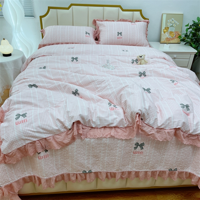 91家纺网 家纺一手货源 找家纺 暖居 2024新款砂洗棉花被套全棉床盖四件套绗缝夹棉纯棉床盖三件套蝴蝶结