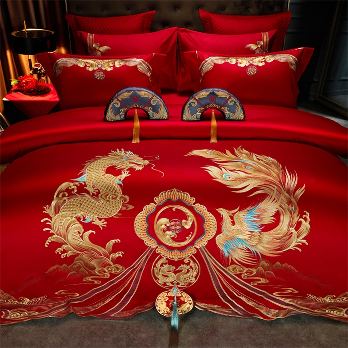 91家纺网 家纺一手货源 找家纺 美娘阁 2025新款长绒棉贡缎新中式古典韵味精美刺绣婚庆四件套多件套系列 凤舞九天