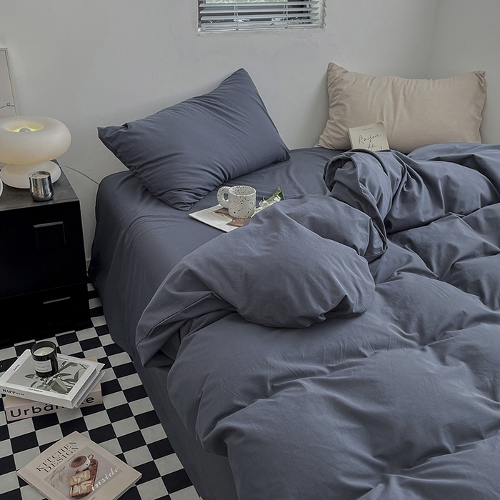 91家纺网 家纺一手货源 找家纺 2024新款A类全棉纯棉纯色双拼色织水洗棉四件套 静蓝