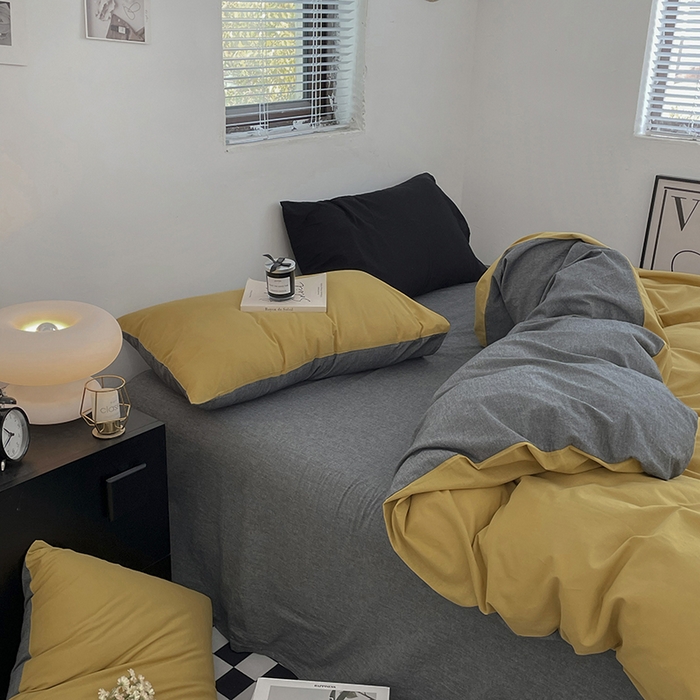 91家纺网 家纺一手货源 找家纺 2024新款A类全棉纯棉纯色双拼色织水洗棉四件套 姜黄拼深灰