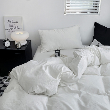 2024新款A类全棉纯棉纯色双拼色织水洗棉四件套 雅白