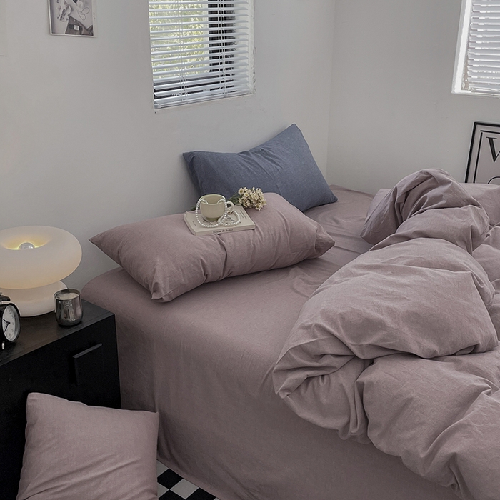 91家纺网 家纺一手货源 找家纺 2024新款A类全棉纯棉纯色双拼色织水洗棉四件套 豆沙色