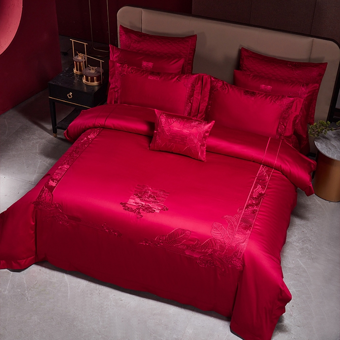 91家纺网 家纺一手货源 找家纺 美娘阁 2025新款长绒棉贡缎新中式古典韵味精美刺绣婚庆四件套多件套系列 家大业大（酒红色）