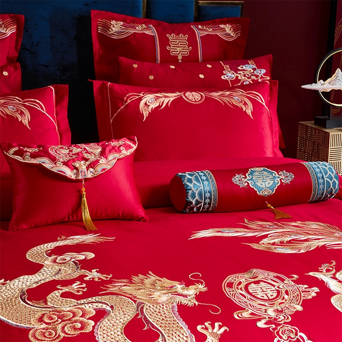 91家纺网 家纺一手货源 找家纺 振翼 2025新款40s全棉丝光喷气婚庆四件套多件套1 龙凤之恋