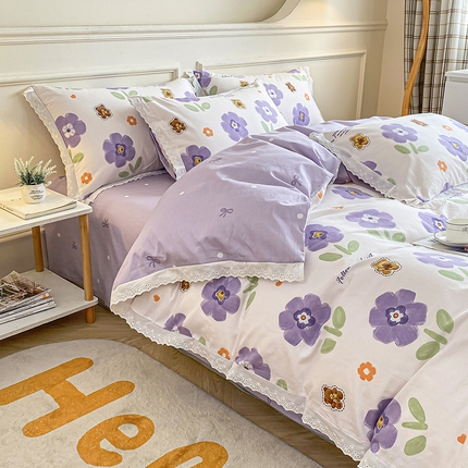 91家纺网 家纺一手货源 找家纺 （总）宇彬家纺 2024直播新款13372全棉纯棉韩版刺绣花边和印花花边床单床笠款四件套和单被套喷气清新