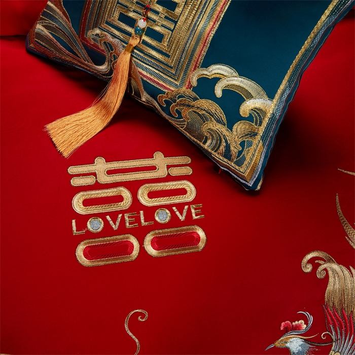 91家纺网 家纺一手货源 找家纺 美娘阁 2025新款长绒棉贡缎新中式古典韵味精美刺绣婚庆四件套多件套系列 龙凤喜事