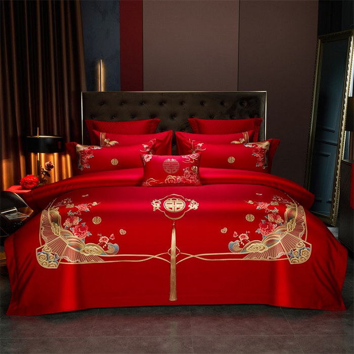 91家纺网 家纺一手货源 找家纺 美娘阁 2025新款长绒棉贡缎新中式古典韵味精美刺绣婚庆四件套多件套系列 相伴一生