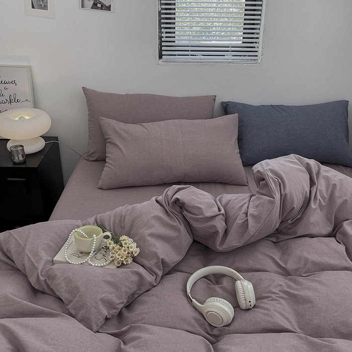 91家纺网 家纺一手货源 找家纺 2024新款A类全棉纯棉纯色双拼色织水洗棉四件套 豆沙色