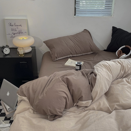 2024新款A类全棉纯棉纯色双拼色织水洗棉四件套 卡其拼咖