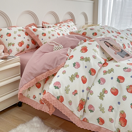 宇彬家纺 2024直播新款13372全棉纯棉韩版刺绣花边和印花花边床单床笠款四件套和单被套喷气清新 刺绣花边-莓果缤纷
