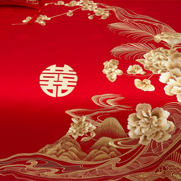 91家纺网 家纺一手货源 找家纺 美娘阁 2025新款长绒棉贡缎提花款新中式古典韵味精美刺绣婚庆四件套多件套 花香四溢（金）