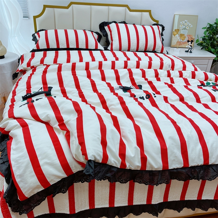 91家纺网 家纺一手货源 找家纺 暖居 2024新款砂洗棉花被套全棉床盖四件套绗缝夹棉纯棉床盖三件套条纹猫