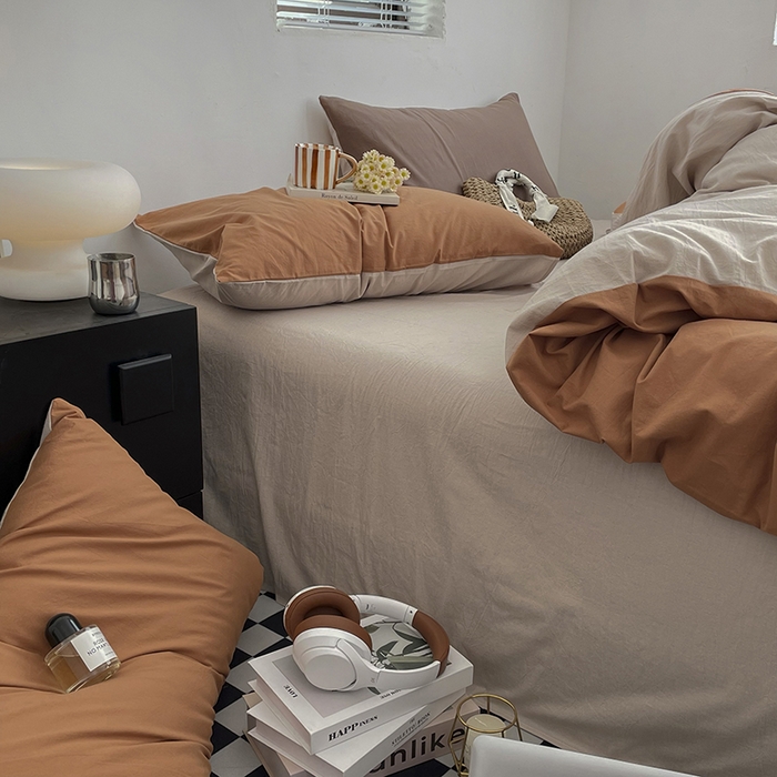 91家纺网 家纺一手货源 找家纺 2024新款A类全棉纯棉纯色双拼色织水洗棉四件套 南瓜拼卡其