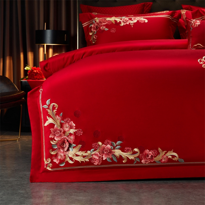 91家纺网 家纺一手货源 找家纺 美娘阁 2025新款长绒棉贡缎新中式古典韵味精美刺绣婚庆四件套多件套系列 花样时光