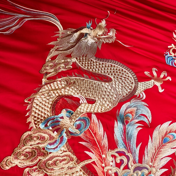 91家纺网 家纺一手货源 找家纺 美娘阁 2025新款长绒棉贡缎新中式古典韵味精美刺绣婚庆四件套多件套系列 龙章凤姿（荷包款）