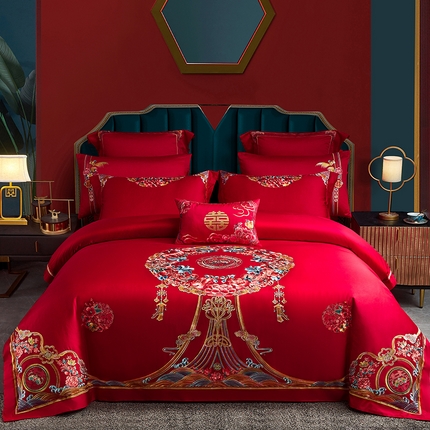 91家纺网 家纺一手货源 找家纺 美娘阁 2025新款长绒棉贡缎新中式古典韵味精美刺绣婚庆四件套多件套系列 花好月圆